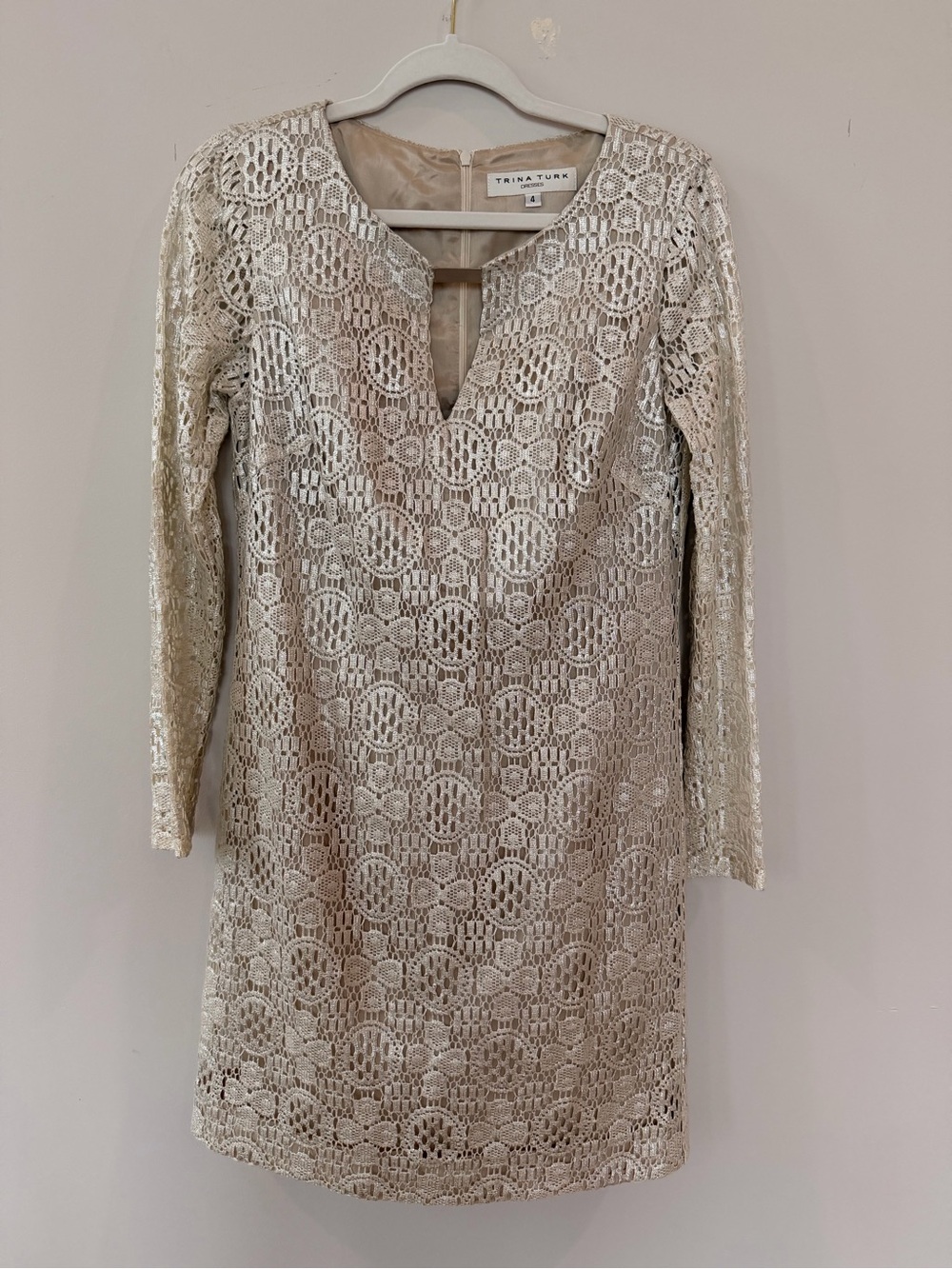 Trina Turk Cream Lace Long-Sleeve Shift Dress